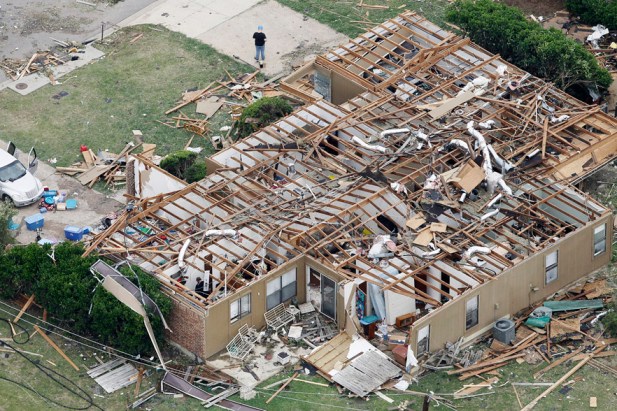 An aerial view shows the damage after tornados swept through Hood County