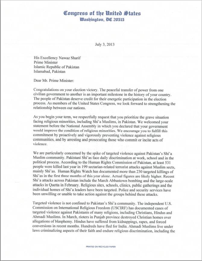 US Congress Men Letter to Nawaz Shariff on Shia Genocide in Pakistan