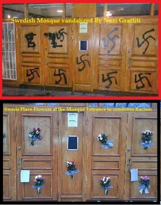 Sweden's Mosque vandalised by Nazi Grafitti , covered by Flowers
