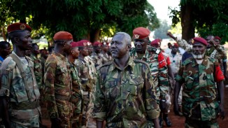 General Mohamed Dhaffane, Interim President of the Ex-Seleka coalition talks to Seleka fighters in the town of Bria