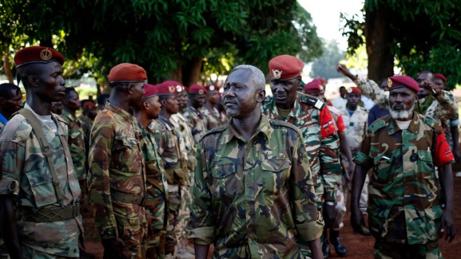 General Mohamed Dhaffane, Interim President of the Ex-Seleka coalition talks to Seleka fighters in the town of Bria