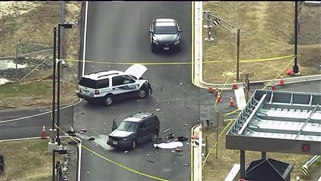 Video grab shows aerial view of shooting scene at the National Security Agency at Fort Meade in Maryland