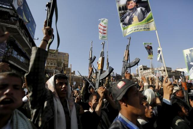 Followers of the Houthi group demonstrate against the Saudi-led air strikes on Yemen, in Sanaa
