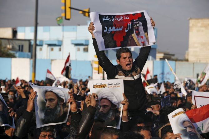 Supporters of Shi'ite cleric Moqtada al-Sadr protest against the execution of Shi'ite Muslim cleric Nimr al-Nimr in Saudi Arabia, during a demonstration in Baghdad